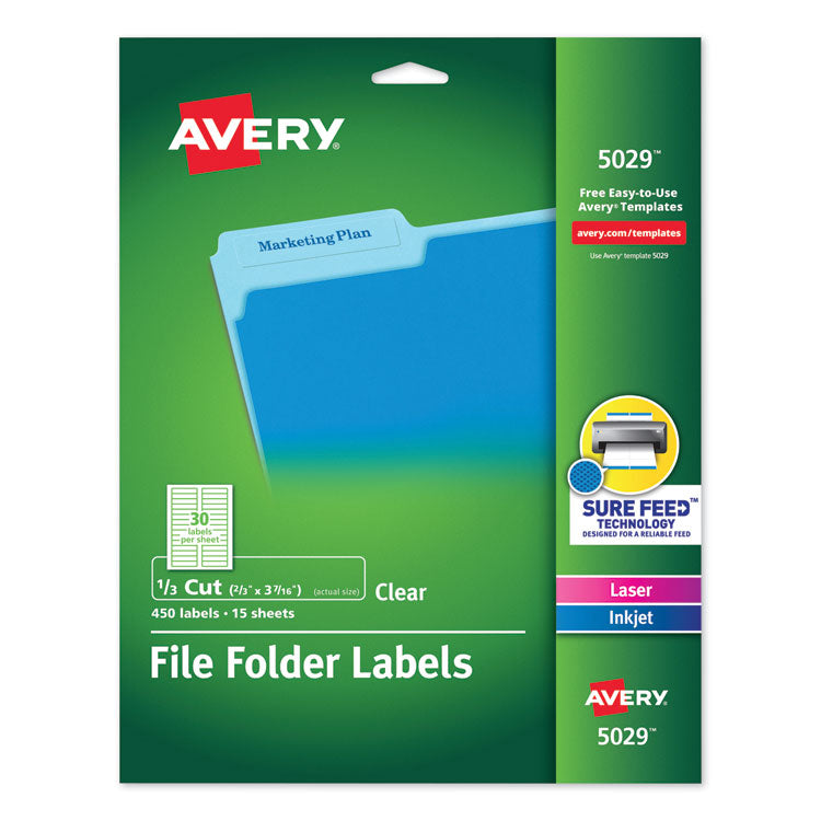 Avery - Clear Permanent File Folder Labels with Sure Feed Technology, 0.66 x 3.44, Clear, 30/Sheet, 15 Sheets/Pack