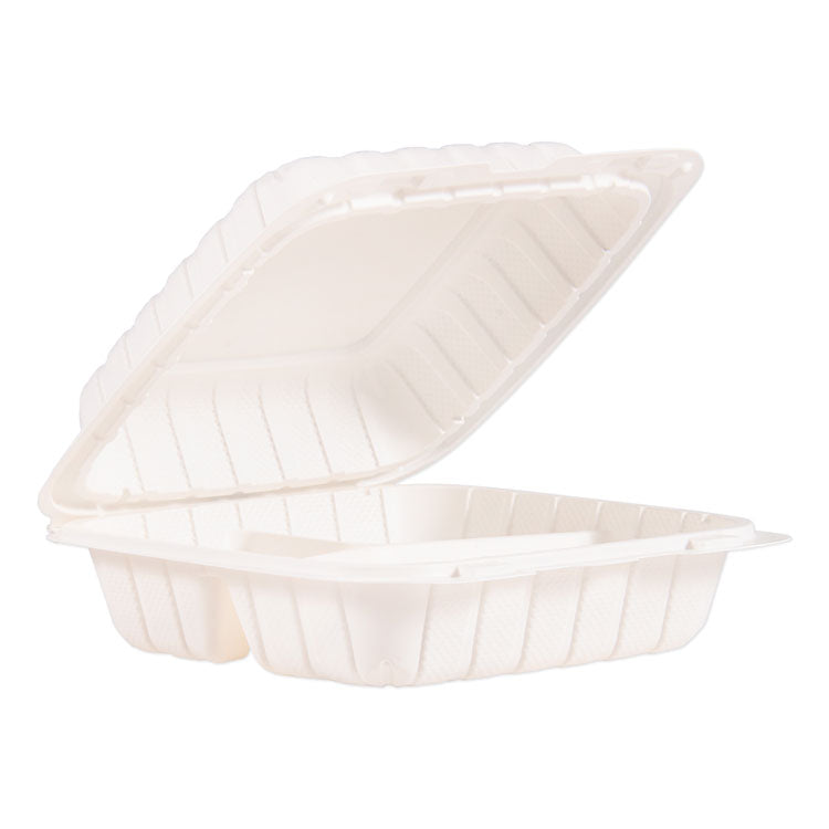 ProPlanet by Dart - Hinged Lid Containers, 3-Compartment, 8.3 x 8 x 3, White, Plastic, 150/Carton