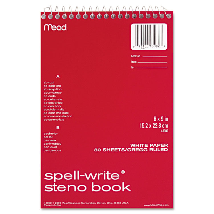Mead - Spell-Write Wirebound Steno Pad, Gregg Rule, Randomly Assorted Cover Colors, 80 White 6 x 9 Sheets