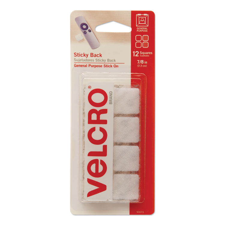 VELCRO Brand - Sticky-Back Fasteners, Removable Adhesive, 0.88" x 0.88", White, 12/Pack
