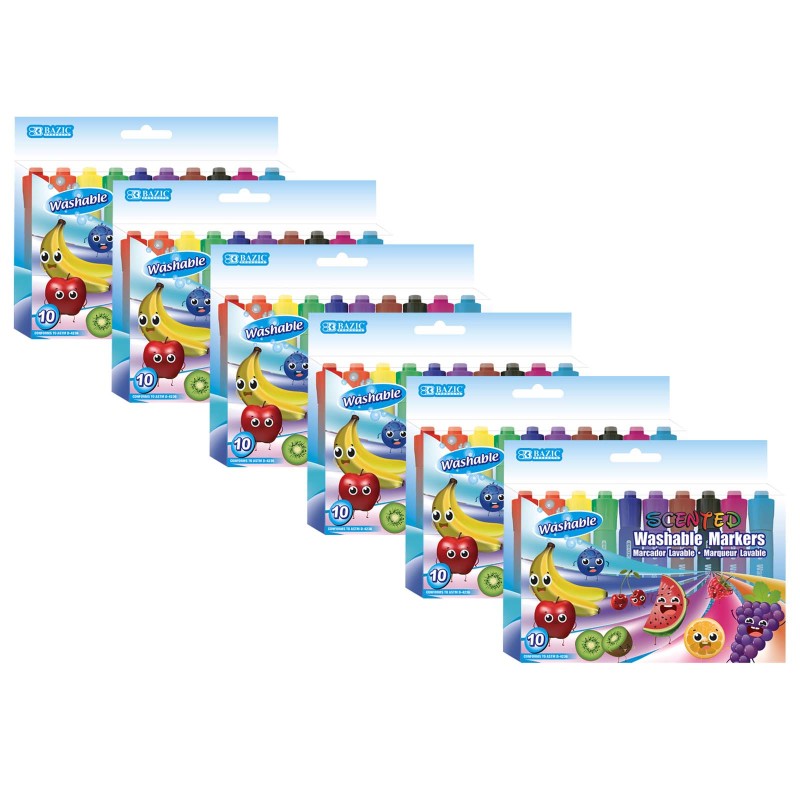 BAZIC PRODUCTS - Washable Markers, Scented, 10 Colors Per Pack, 6 Packs