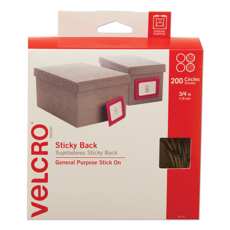 VELCRO Brand - Sticky-Back Fasteners with Dispenser Box, Removable Adhesive, 0.75" dia, Beige, 200/Roll