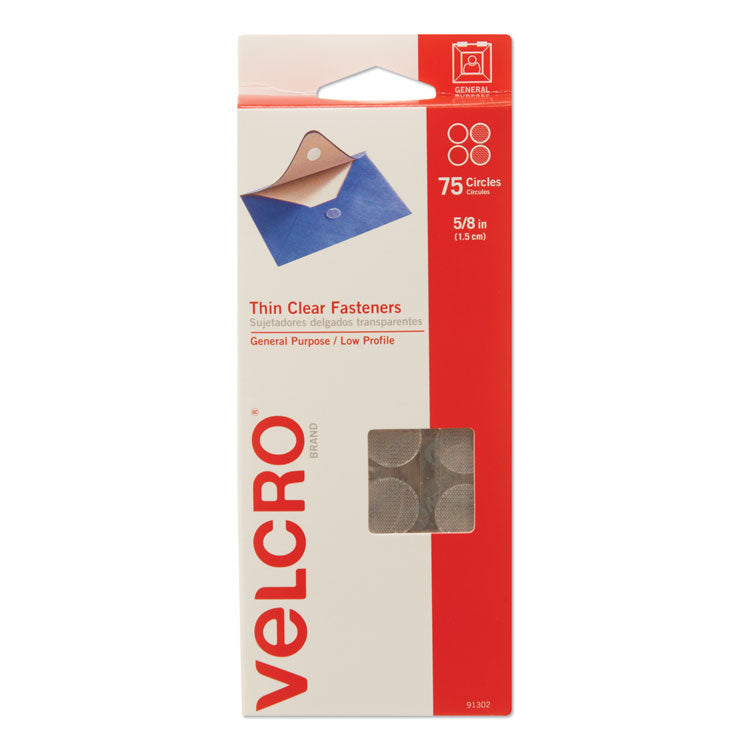 VELCRO Brand - Sticky-Back Fasteners, Removable Adhesive, 0.63" dia, Clear, 75/Pack