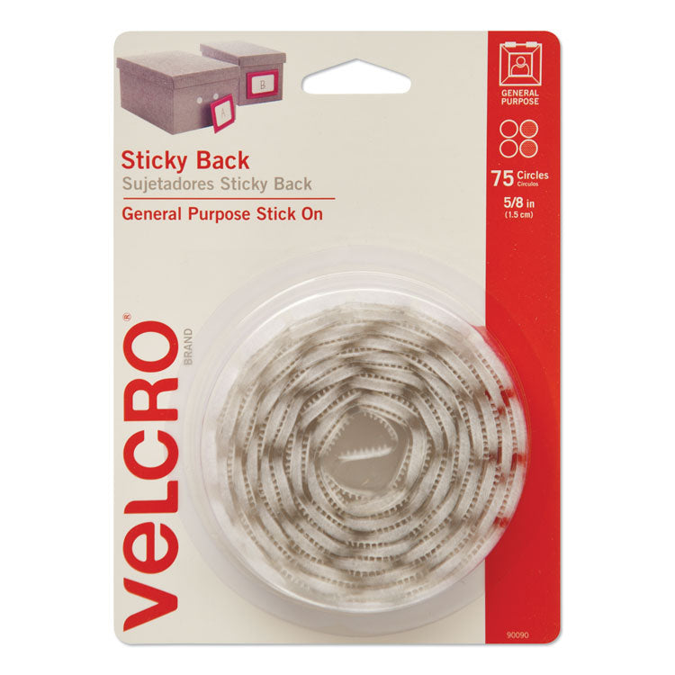 VELCRO Brand - Sticky-Back Fasteners, Removable Adhesive, 0.63" dia, White, 75/Pack