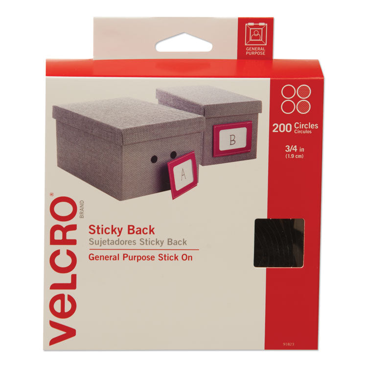 VELCRO Brand - Sticky-Back Fasteners, Removable Adhesive, 0.75" dia, Black, 200/Box