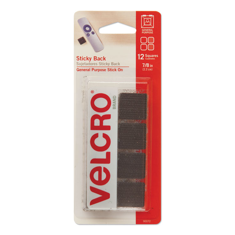 VELCRO Brand - Sticky-Back Fasteners, Removable Adhesive, 0.88" x 0.88", Black, 12/Pack