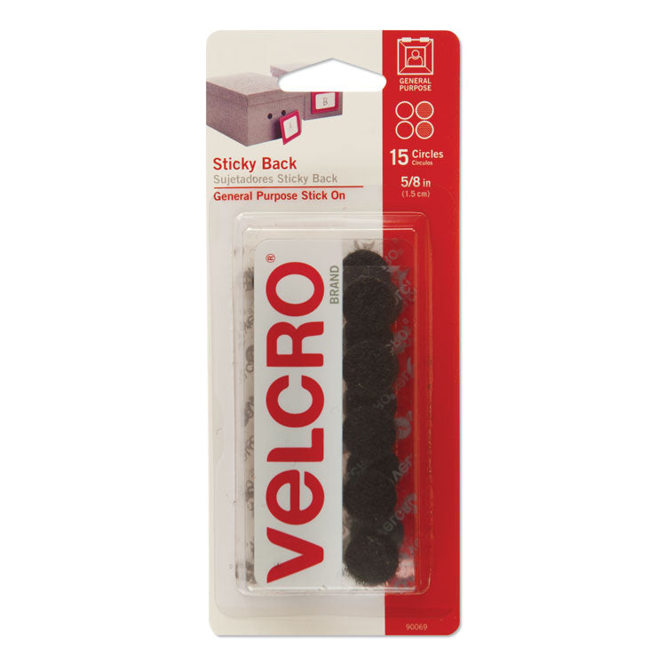 VELCRO Brand - Sticky-Back Fasteners, Removable Adhesive, 0.63" dia, Black, 15/Pack