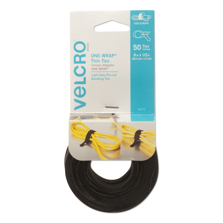 VELCRO Brand - ONE-WRAP Pre-Cut Thin Ties, 0.5" x 8", Black, 50/Pack