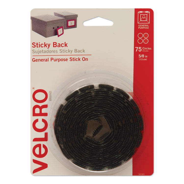 VELCRO Brand - Sticky-Back Fasteners, Removable Adhesive, 0.63" dia, Black, 75/Pack