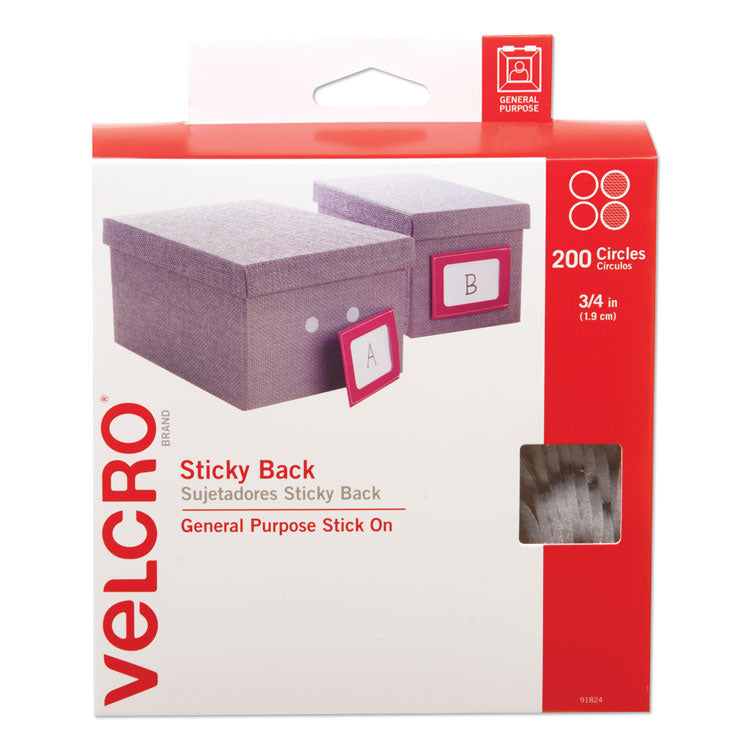 VELCRO Brand - Sticky-Back Fasteners, Removable Adhesive, 0.75" dia, White, 200/Box