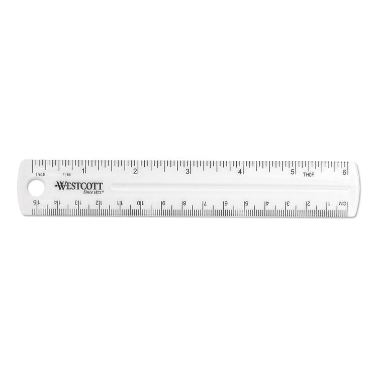 Westcott - Transparent Shatter-Resistant Plastic Ruler, Standard/Metric, 6" Long, Clear