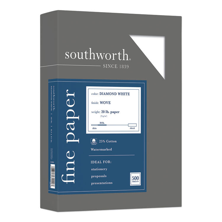 Southworth - 25% Cotton Diamond White Business Paper, 95 Bright, 20 lb Bond Weight, 8.5 x 11, 500/Ream