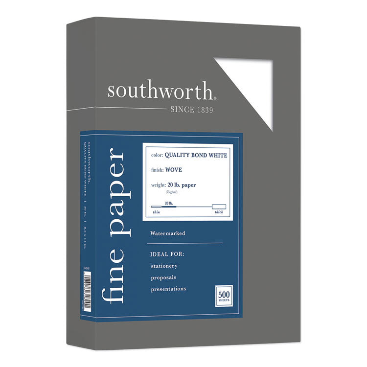 Southworth - Quality Bond Business Paper, 95 Bright, 20 lb Bond Weight, 8.5 x 11, White, 500/Ream