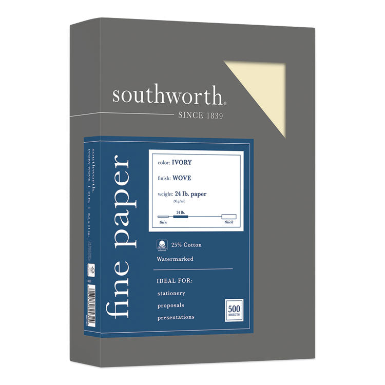 Southworth - 25% Cotton Business Paper, 95 Bright, 24 lb Bond Weight, 8.5 x 11, Ivory, 500 Sheets/Ream