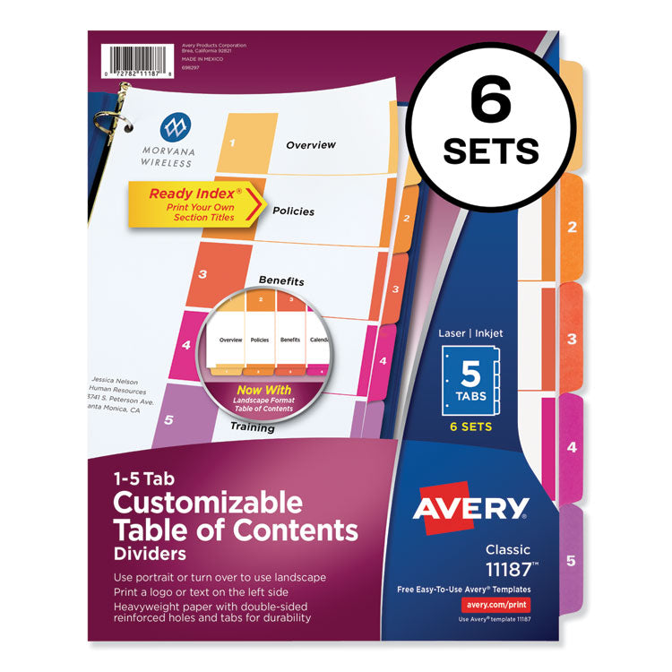 Avery - Customizable TOC Ready Index Multicolor Dividers, 5-Tab, Letter, 6 Sets