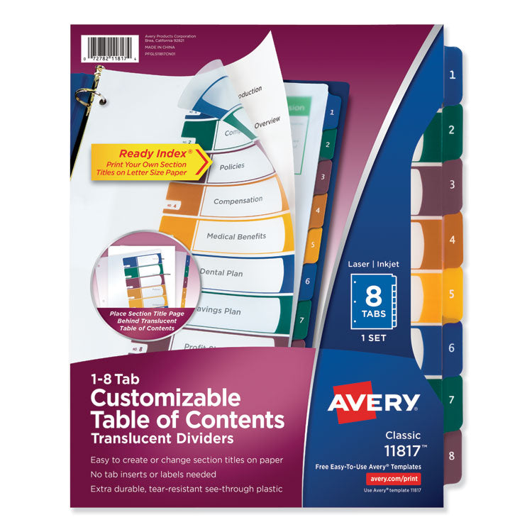 Avery - Customizable Table of Contents Ready Index Dividers with Multicolor Tabs, 8-Tab, 1 to 8, 11 x 8.5, Translucent, 1 Set