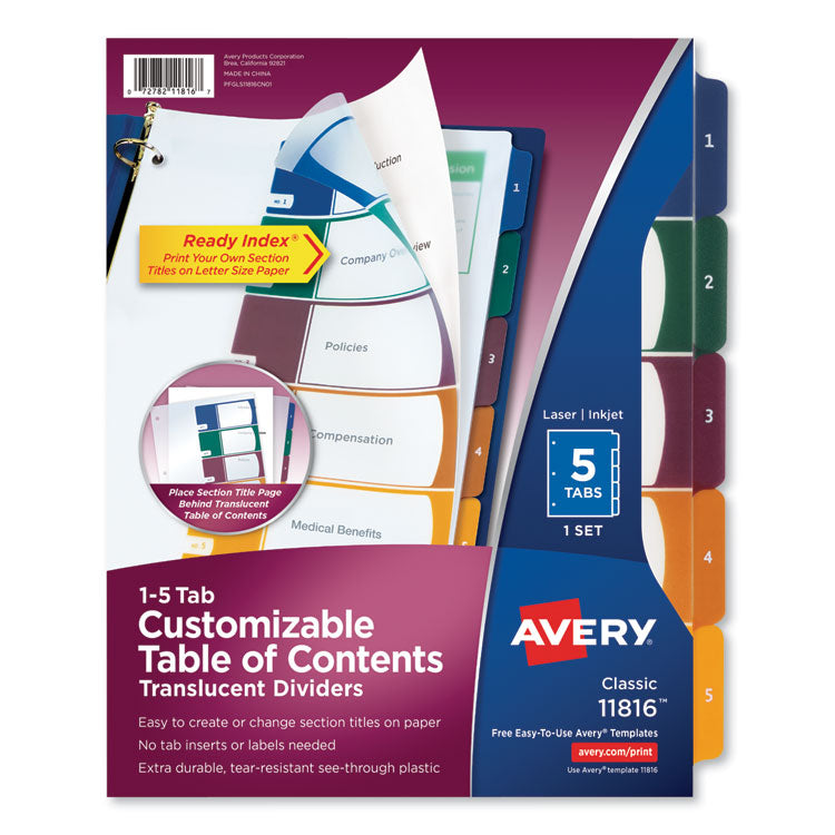 Avery - Customizable Table of Contents Ready Index Dividers with Multicolor Tabs, 5-Tab, 1 to 5, 11 x 8.5, Translucent, 1 Set