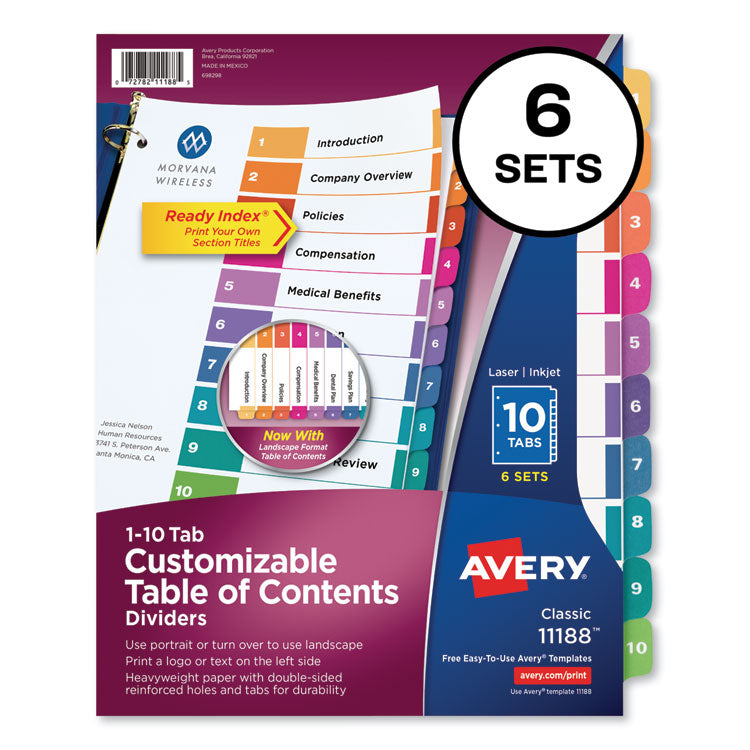 Avery - Customizable TOC Ready Index Multicolor Dividers, 10-Tab, Letter, 6 Sets