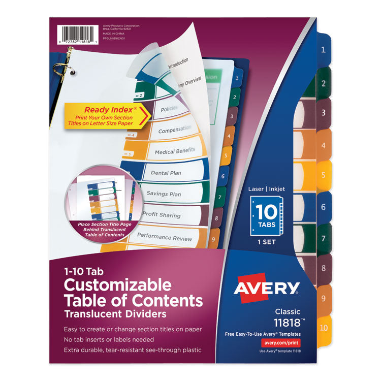 Avery - Customizable Table of Contents Ready Index Dividers with Multicolor Tabs, 10-Tab, 1 to 10, 11 x 8.5, Translucent, 1 Set