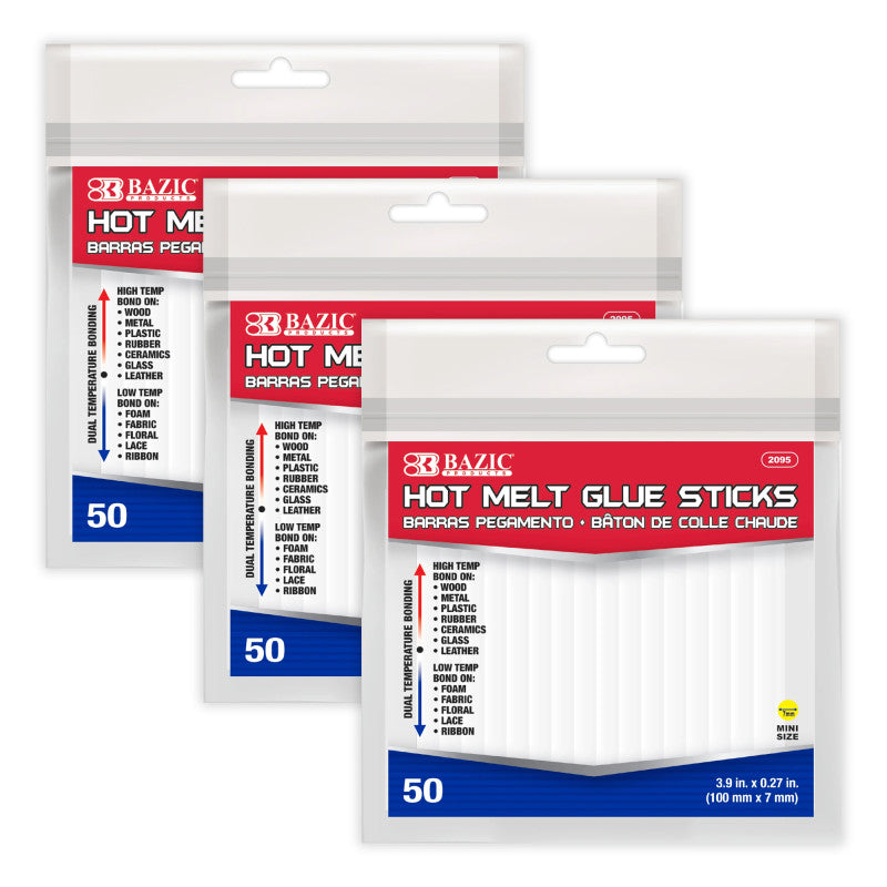 Mini Hot Melt Glue Sticks, Dual Temp, 3.9" x 0.27", 50 Per Bag, 3 Bags