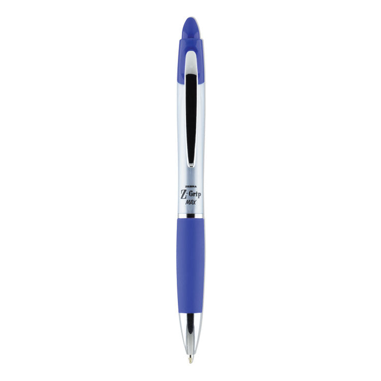 Zebra - Z-Grip MAX Ballpoint Pen, Retractable, Medium 1 mm, Blue Ink, Silver Barrel, 12/Pack