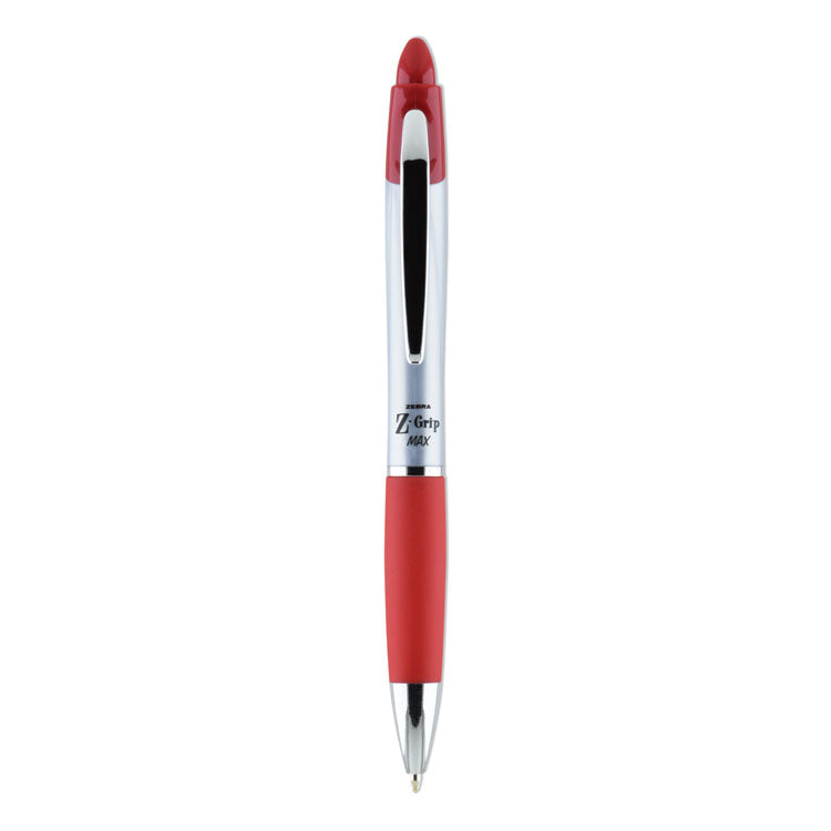 Zebra - Z-Grip MAX Ballpoint Pen, Retractable, Medium 1 mm, Red Ink, Silver Barrel, 12/Pack