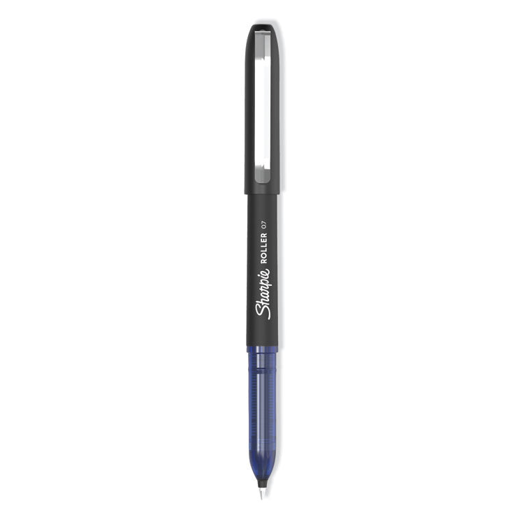 Sharpie Roller - Professional Design Roller Ball Pen, Stick, Medium 0.7 mm, Blue Ink, Black Barrel, Dozen