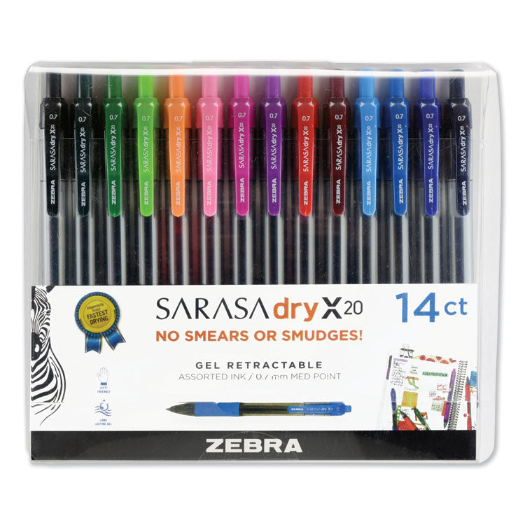 Zebra - Sarasa Dry Gel X20 Gel Pen, Retractable, Medium 0.7 mm, Assorted Ink and Barrel Colors, 14/Pack