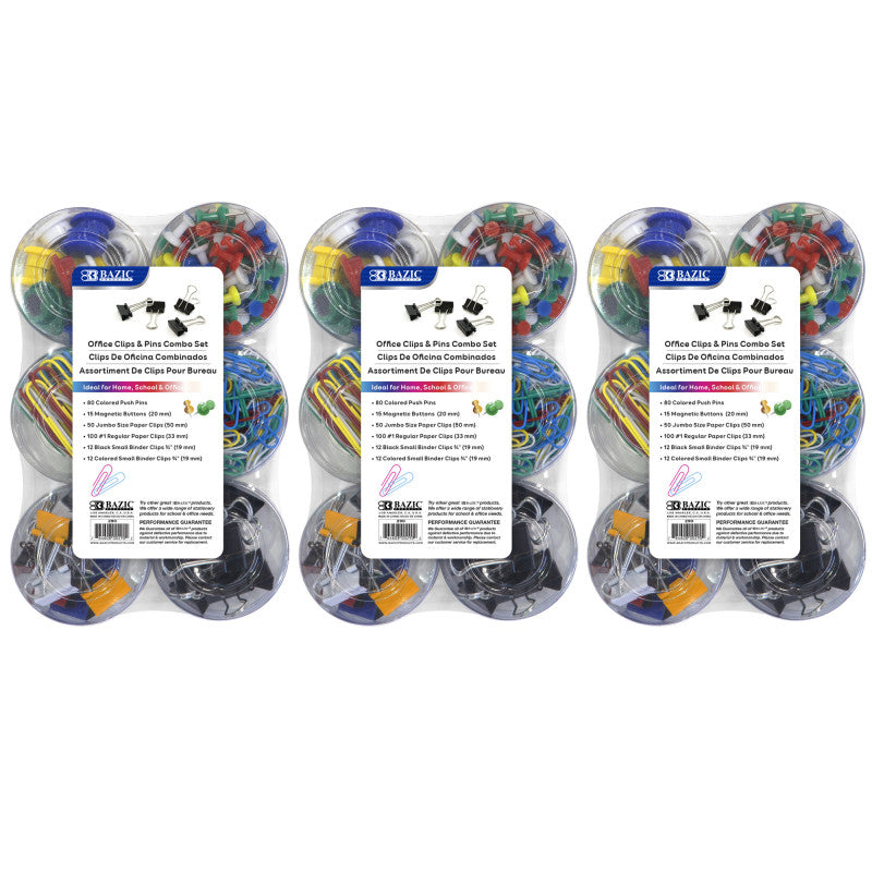 BAZIC PRODUCTS - Push Pin, Paper Clip, Binder Clip, Magnetic Button Combo Set, 269 Pieces Per Set, 3 Sets