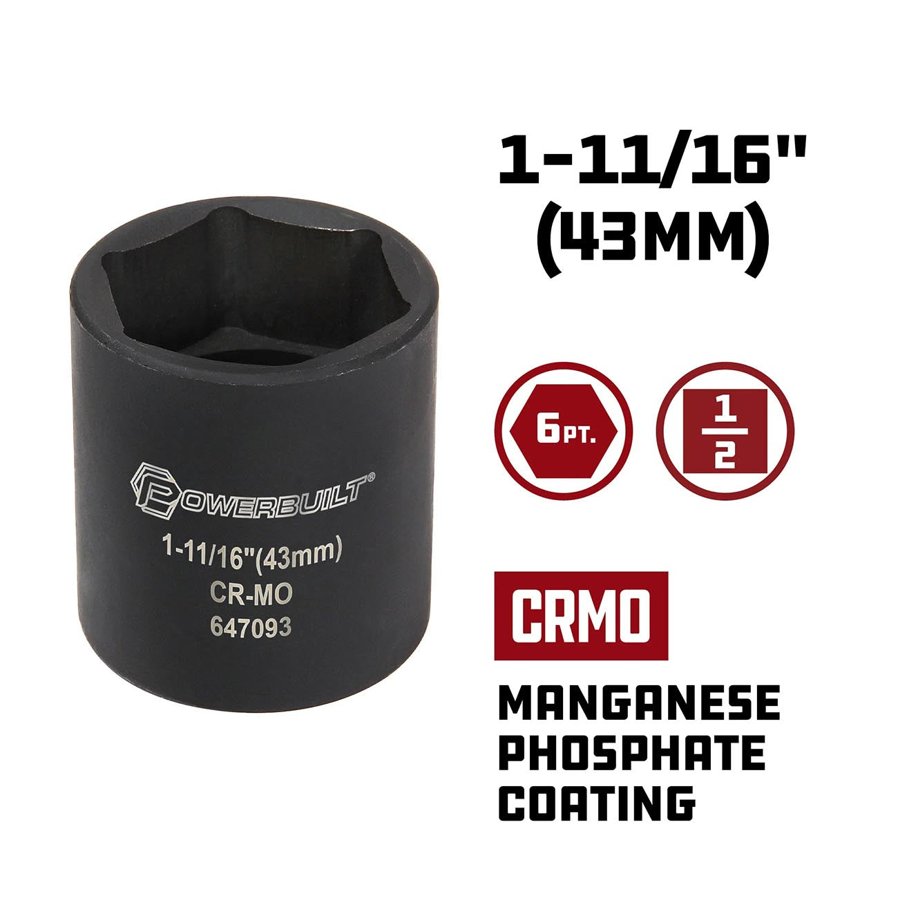 PowerBuilt SAE 1-11/16" Dodge Spindle Nut Impact Socket - 1/2" Drive