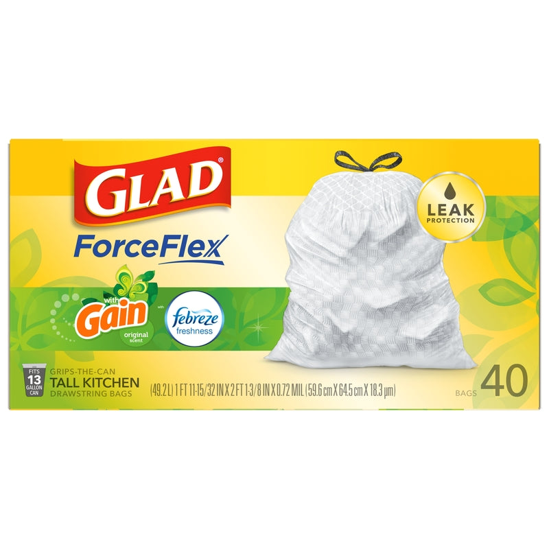 GLAD - Glad Gain 13 gal Fresh Scent Trash Bags Drawstring 40 pk 0.78 mil