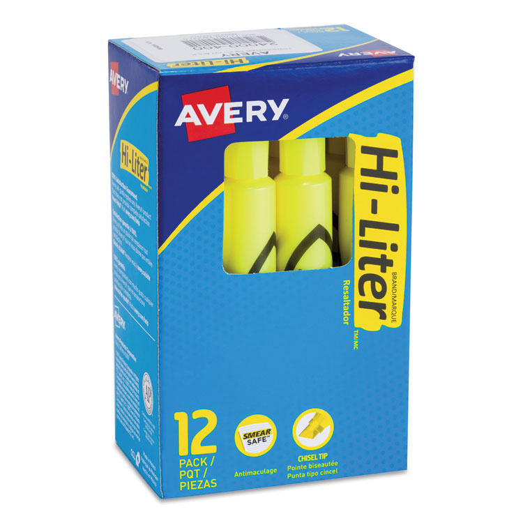 Avery - HI-LITER Desk-Style Highlighters, Fluorescent Yellow Ink, Chisel Tip, Yellow/Black Barrel, Dozen