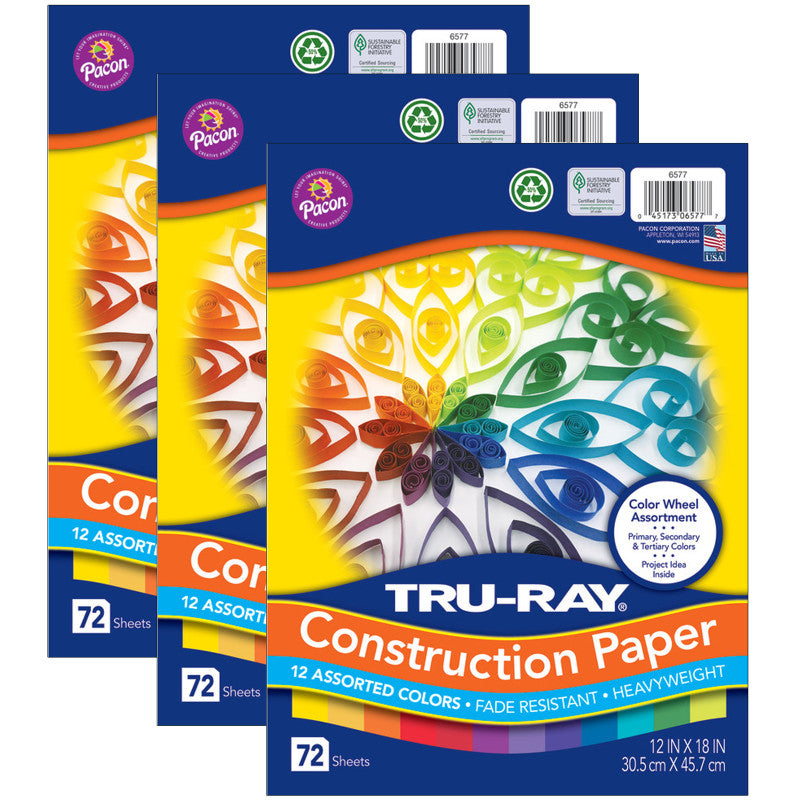 TRU-RAY - Color Wheel Assortment, 12 Vibrant Colors, 12" x 18", 72 Sheets Per Pack, 3 Packs