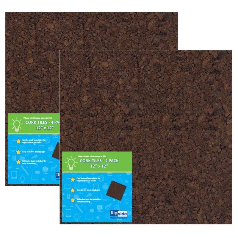 FLIPSIDE PRODUCTS - Dark Cork Tiles, 12" x 12", 4 Per Pack, 2 Packs