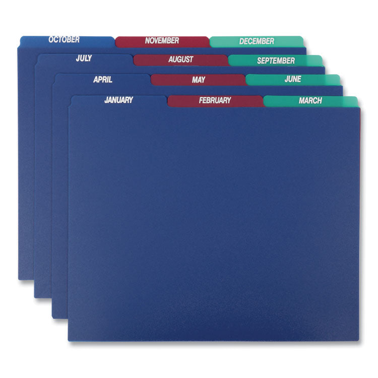 Pendaflex - Poly Top Tab File Guides, 1/3-Cut Top Tab, January to December, 8.5 x 11, Assorted Colors, 12/Set