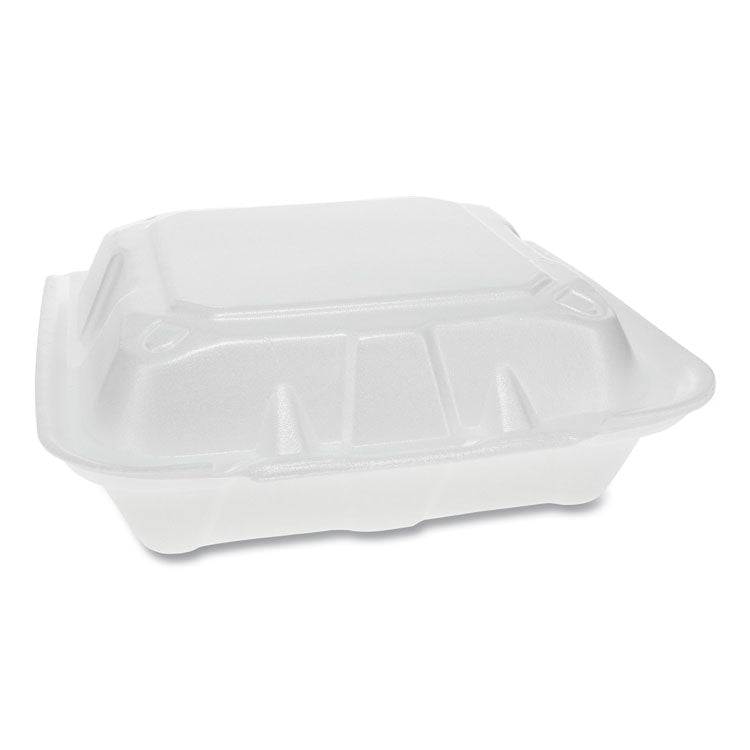 Pactiv Evergreen - Vented Foam Hinged Lid Container, Dual Tab Lock, 3-Compartment, 8.42 x 8.15 x 3, White, 150/Carton