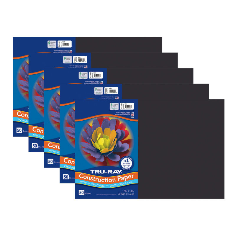 TRU-RAY - Construction Paper, Black, 12" x 18", 50 Sheets Per Pack, 5 Packs (PAC103061-5)
