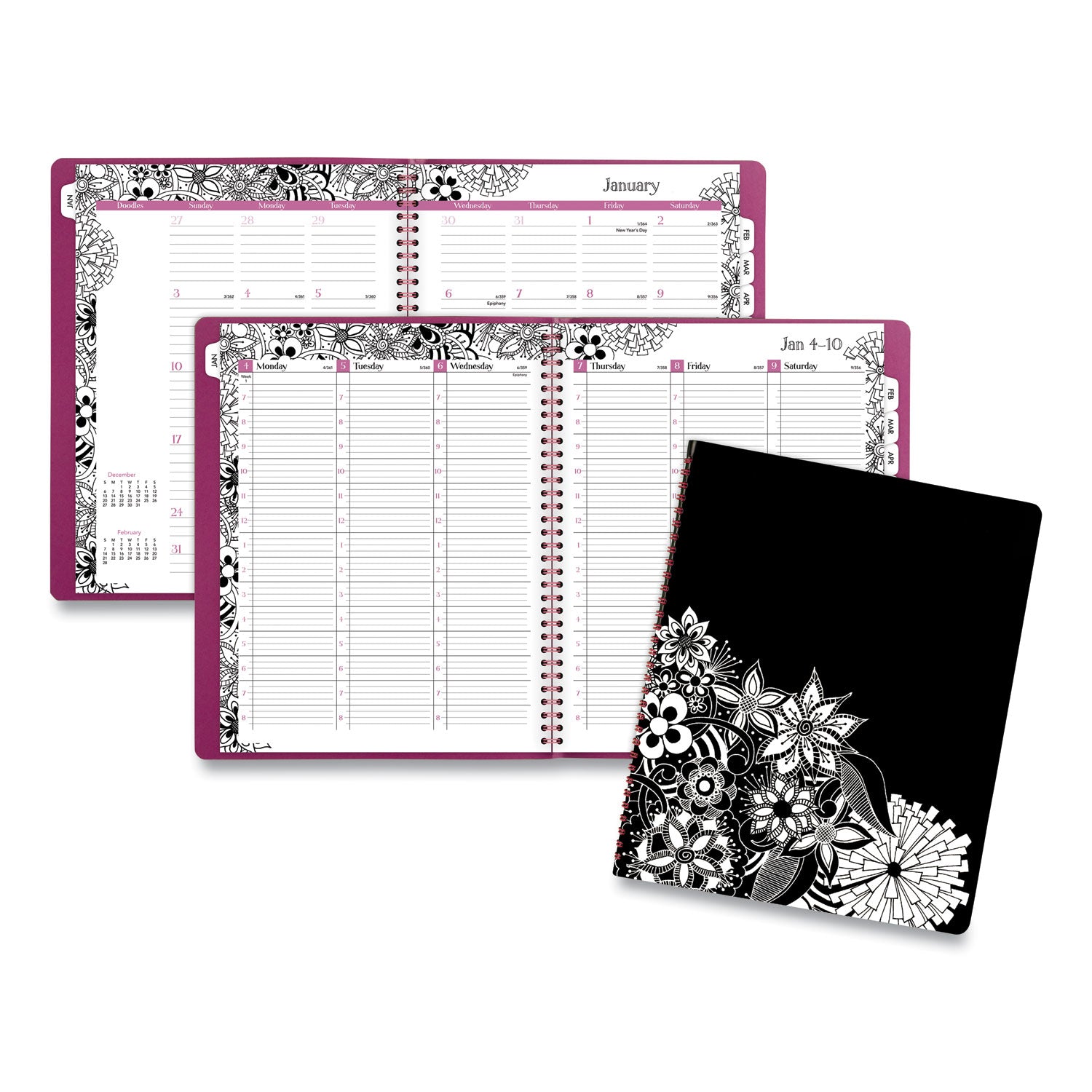 Floradoodle Weekly/Monthly Professional Planner, Floral Artwork, 11 x 8.5, Black/White Cover, 12-Month (Jan-Dec): 2026