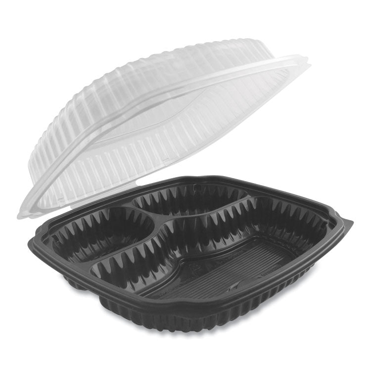 Anchor Packaging - Culinary Lites Microwavable 3-Compartment Container, 20 oz/5 oz/ 5 oz, 9 x 9 x 3.13, Clear/Black, Plastic, 100/Carton