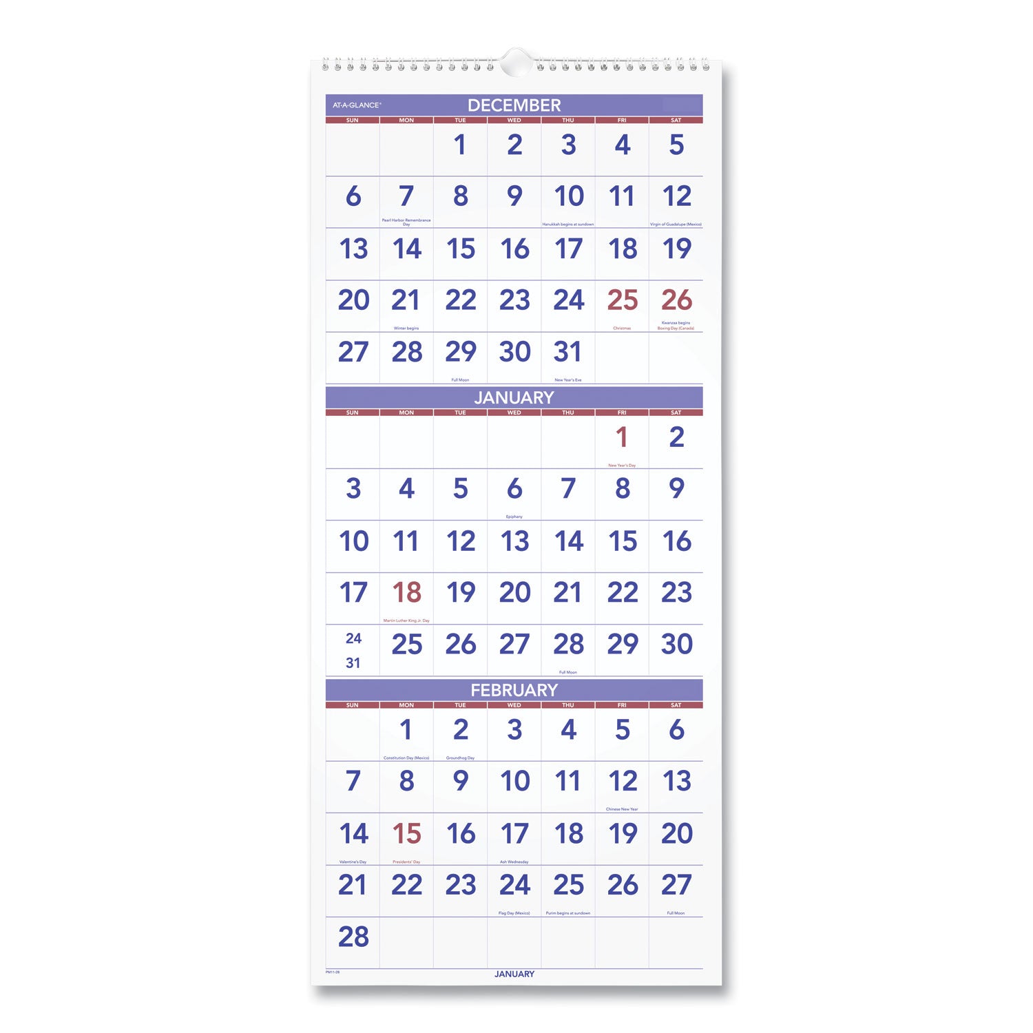 Deluxe Three-Month Reference Wall Calendar, Vertical Orientation, 12 x 27, White Sheets, 14-Month: Dec 2025 to Jan 2027