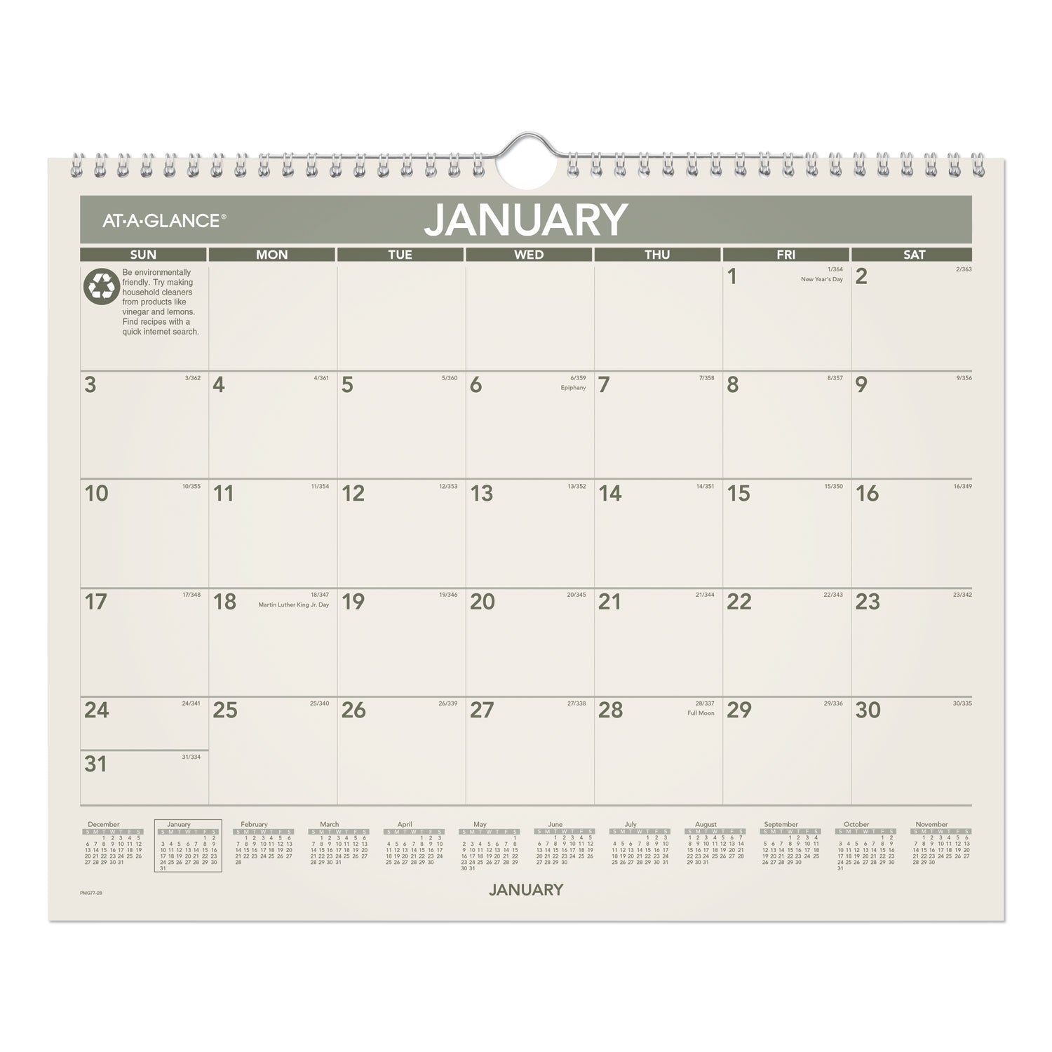 Recycled Wall Calendar, Unruled Blocks, 15 x 12, Sand/Green Sheets, 12-Month (Jan to Dec): 2026