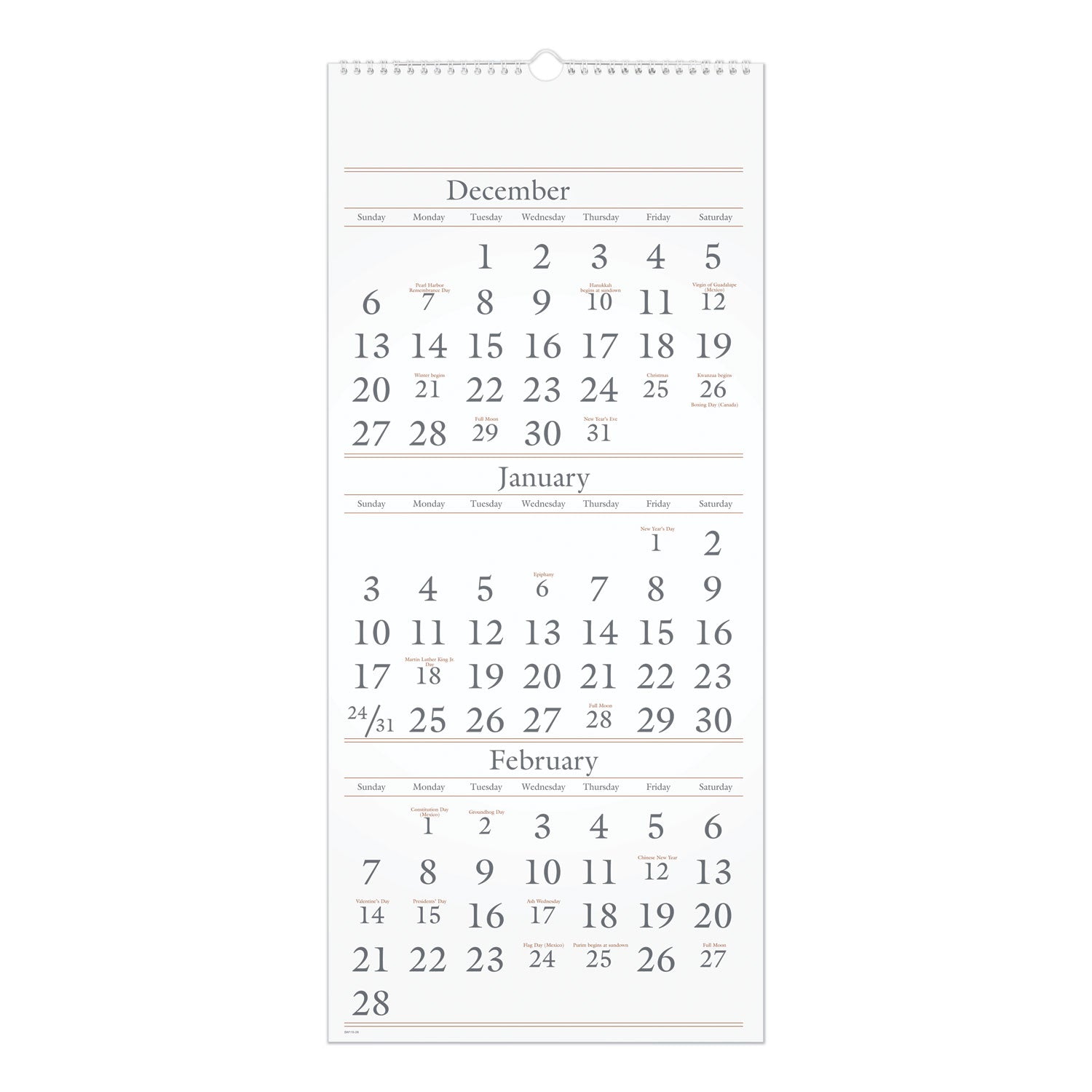 Three-Month Reference Wall Calendar, 12 x 27, White Sheets, 14-Month: Dec 2025 to Feb 2027