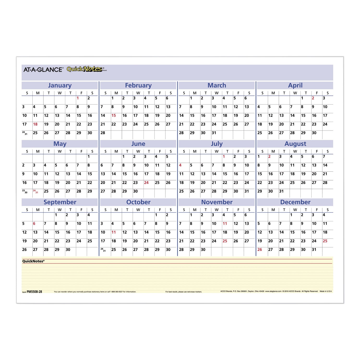 QuickNotes Mini Erasable Wall Planner, 16 x 12, White/Blue/Yellow Sheets, 12-Month (Jan to Dec): 2026