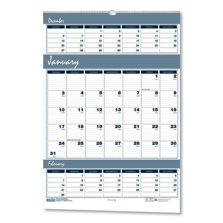 House of Doolittle - Bar Harbor Recycled Wirebound 3-Months-per-Page Wall Calendar, 15.5 x 22, White/Blue/Gray Sheets, 14-Month(Dec-Jan):2023-2025