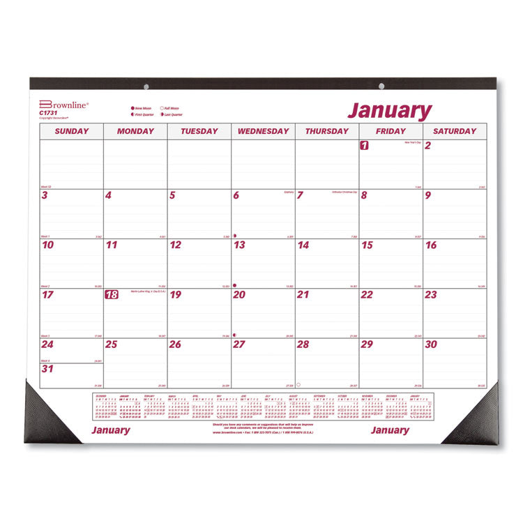 Brownline - Monthly Desk Pad Calendar, 22 x 17, White/Burgundy Sheets, Black Binding, Black Corners, 12-Month (Jan to Dec): 2024