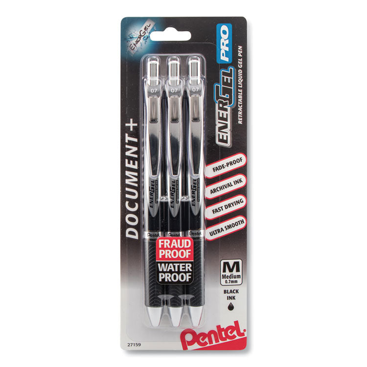 Pentel - EnerGel PRO Gel Pen, Retractable, Medium 0.7 mm, Black Ink, Black Barrel, 3/Pack