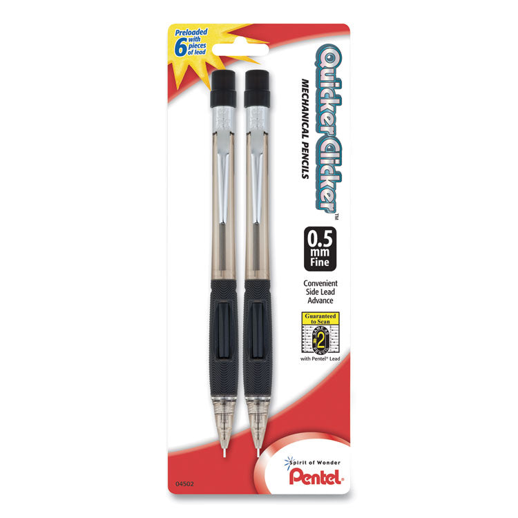 Pentel - Quicker Clicker Mechanical Pencil, 0.5 mm, HB (#2.5), Black Lead, Smoke Barrel, 2/Pack