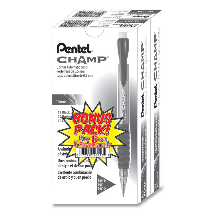Pentel - Champ Mechanical Pencil, 0.5 mm, HB (#2.5), Black Lead, Translucent Black Barrel, 24/Pack