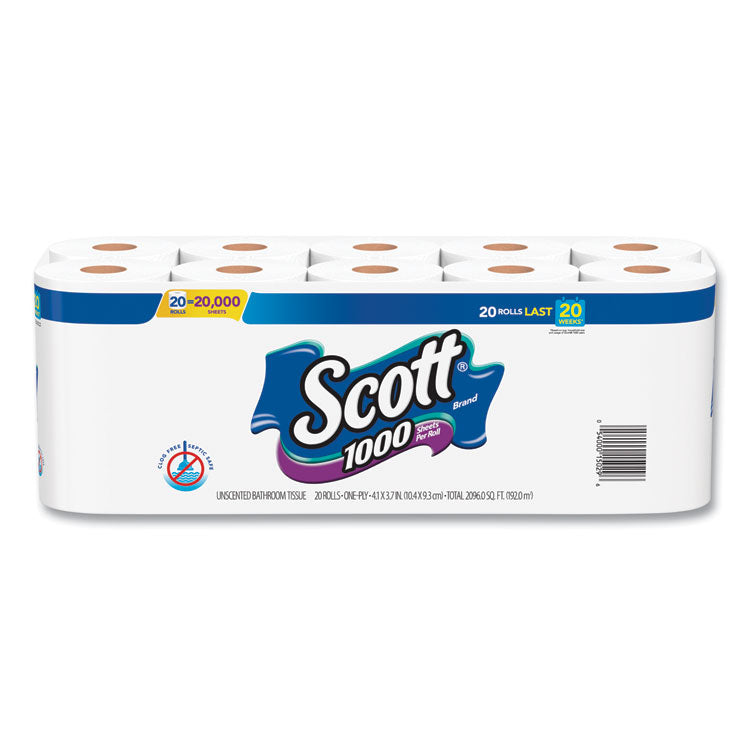 Scott - Standard Roll Bathroom Tissue, Septic Safe, 1-Ply, White, 1,000 Sheets/Roll, 20/Pack, 2 Packs/Carton