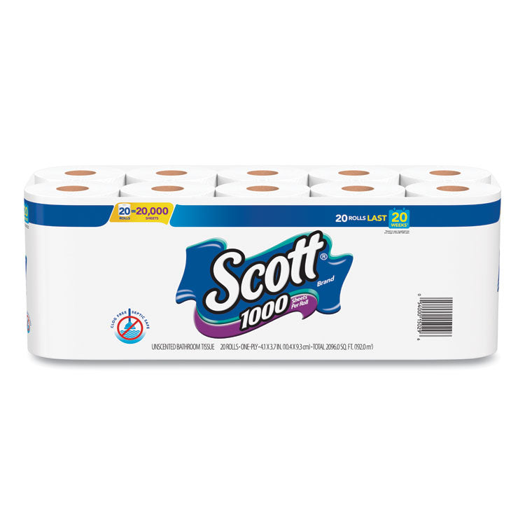 Scott - 1000 Bathroom Tissue, Septic Safe, 1-Ply, White, 1,000 Sheet/Roll, 20/Pack